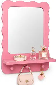 Wood Wall Mount Mirror with Shelf and 3 Hooks, 16 x 12 Inch Modern Scallop Decorative Entryway Mirror for Living Room, Bathroom, Bedroom, Vanity, Pink
