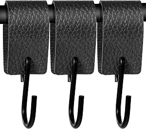 Amaxiu Leather S Metal Hooks, 3 Pcs Multifunctional PU Leather S-Hooks for Hanging Clothes Kitchen Closet Plants Oven Mitts & Towels (Black)