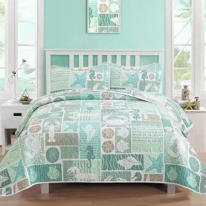 DJY Coastal Quilt Twin Size, 3 Pcs Green Beach Theme Bedspread Bedding Set
