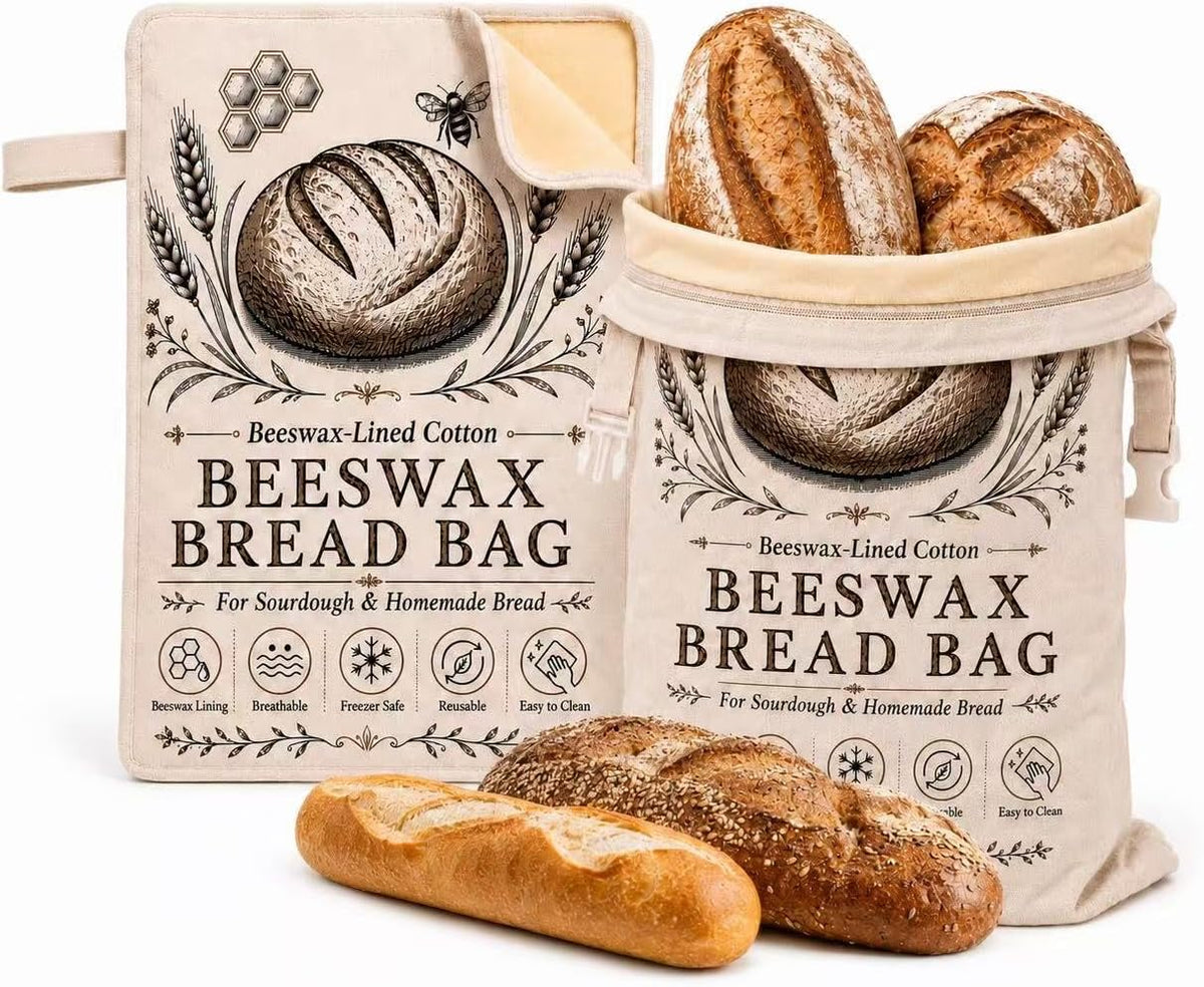 Beeswax Bread Bags for Homemade Bread, 2 Pack XL 13 x 17 in, Cotton
