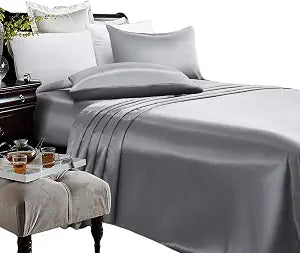 ARTALL Satin Sheets King Size, 4 Pieces Silky Soft Bed Set, Grey With 1 Deep Pocket Fitted Sheet, 1 Flat Sheet, 2 Pillow Cases