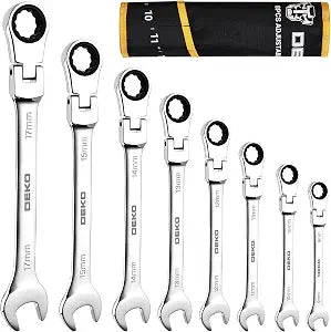 DEKOPRO 8-PC Flex Head Ratcheting Wrench Set, Metric Standard 9-17mm, 72-Tooth Cr-V Combination Wrenches with Portable Pouch for Mechanics & Home Maintenance