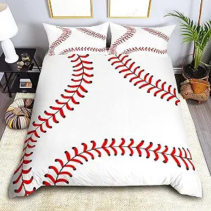Boys Baseball Duvet Cover Set Queen,Ball Sports Game Lovers Bedding Set 3pcs for Kids Teens Adults Room Decor,Abstract Geometric Lines Comforter Cover,White Simple Quilt Cover with 2 Pillowcases