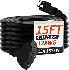 PlugSaf 15 FT 12 Gauge Black Heavy Duty Outdoor Extension Cord Waterproof