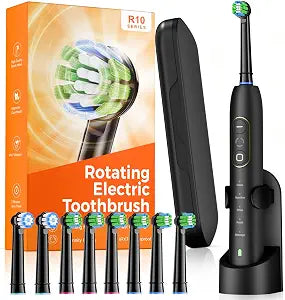 Rotating Electric Toothbrush for Adults, 8 Brush Heads, Black