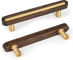 SALISENG-Solid Brass and Wooden Kitchen Cabinet Pulls, 5 Pack 3-3/4 Inch Brass Dresser Drawer Handles, Modern Furniture Hardware Pulls for Bathroom Bedroom Living Cabinets