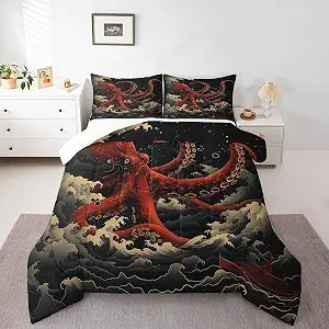 Manfei Octopus Kids Comforter Set Queen Size,Dark Clouds Ocean Waves Trippy Retro Bedding Set,Boys Girls Room Decor,Underwater World Marine Life Down Comforter,Red Black Duvet Insert,2 Pillowcases
