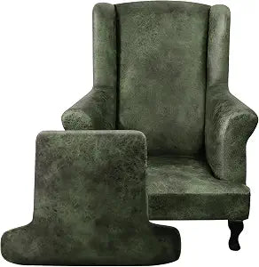ANARACHON Leather Look Wingback Chair Covers, 2-Piece Wing Chair slipcover, Stretch Wing Back Armchair Slipcovers with Elastic Bottom, Soft Spandex Furniture Protector for Living Room (02 Black Green)