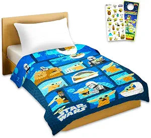 STAR WARS Baby Yoda Bedspread Twin Set - Bundle Quilted Twin Blanket, Stickers, More | Mandalorian Room Decor Bedding Set for Boys, Girls, Kids