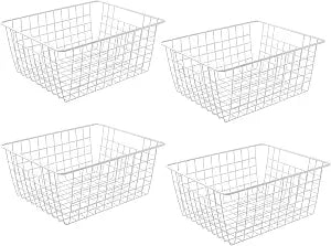 14" Upright Freezer Storage Baskets, White Wire Storage Bins Large Bakset for Freezer, Pantry, Bathroom Organizing, Set of 4