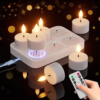 Rechargeable Flameless Tea Lights Candles with Charging Station, 6 Pack