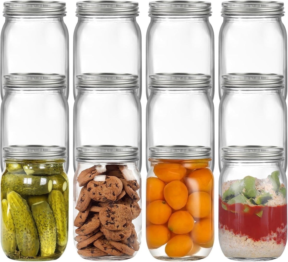 Glyntrof 32 oz Mason Jars Wide Mouth with Airtight Lids, 1 Quart Glass Canning Jar for Fermenting, Pickling and Food Storage, Pack of 12