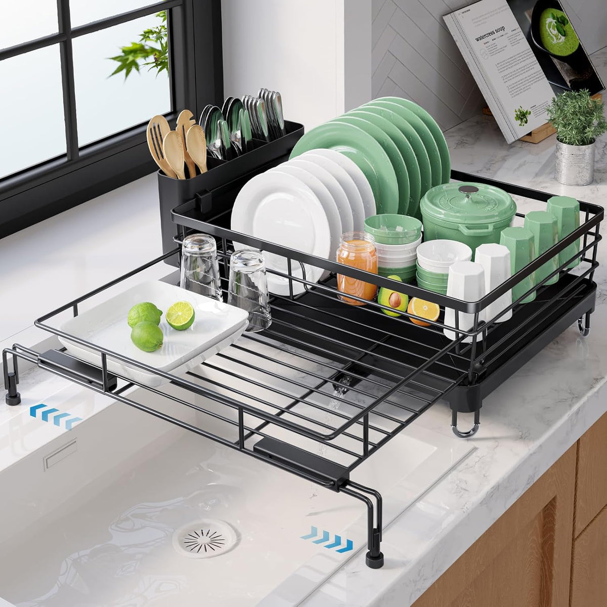 Kitsure Adjustable Dish Drying Rack, 15.6''-25.2''L x 16.9''W, Black