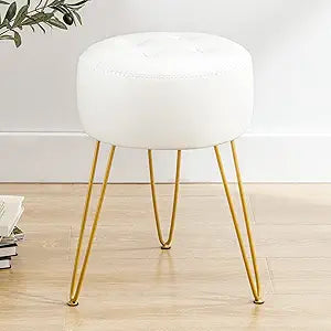 LUE BONA Faux Leather Vanity Stool Chair for Makeup Room, 19 Height, Tufted Vanity Chair with Metal Legs, Modern Foot Stool Ottoman for Bedroom, Living Room