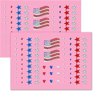 4th of July Glitter Star Flag Face Hair Gems, 374 Pcs Red White Blue Glitter for Patriotic Fourth of July Celebrations, Self Adhesive Rhinestone Stickers,Independence Day Star Jewels,2 Sheets