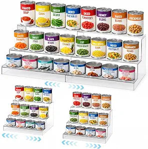 Expandable Can Rack Organizer for Pantry:3-Tier Clear Acrylic Canned Food Storage Holder, Adjustable Pantry Shelf for Kitchen Cabinet & Countertop, Holds Up to 24 Cans