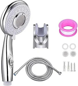Handheld Shower Head with On/Off Switch - High Pressure 5 setting mode, Stainless Steel 6.5 ft extra long hose and Bathroom Kit Included, Universal Adapter Holder Mount for Wall,Chrome Finish