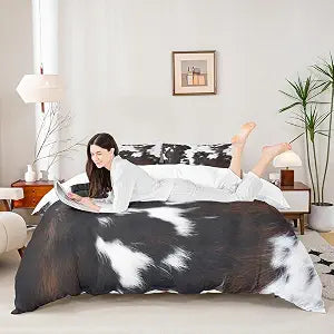 Cow Fur Print Duvet Cover Set Queen Size,Cowhide Bedding Set 3pcs for Kids Teens Girls Boys Room Decor, Farmhouse Animal Skin Comforter Cover Rustic Black White Brown Quilt Cover with 2 Pillowcases