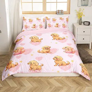 Erosebridal Puppy Dog Duvet Cover Full,Golden Retriever Bedding Set for Kids Boys Girls,Cartoon Dogs Bed Sets,Watercolor Pink Quilt Cover with 2 Pillowcases Microfiber,no Comforter