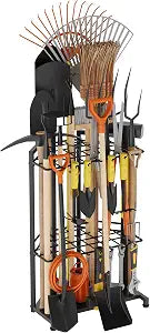 Garden Tool Organizer for Corner - Heavy Duty Metal Rack with 34 Storage Compartments & 14 Hooks for Shovels, Rakes, Long-Handled Tools, Ideal for Garden, Shed, Garage Storage