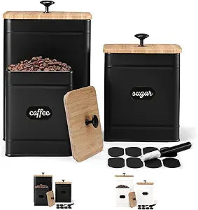 PERFNIQUE Kitchen Canisters for Countertop Set of 3, Airtight Canisters Sets for the Kitchen Counter with Lid, Metal Farmhouse Food Storage Containers Jars for Flour Sugar Coffee Tea Spice (Black)