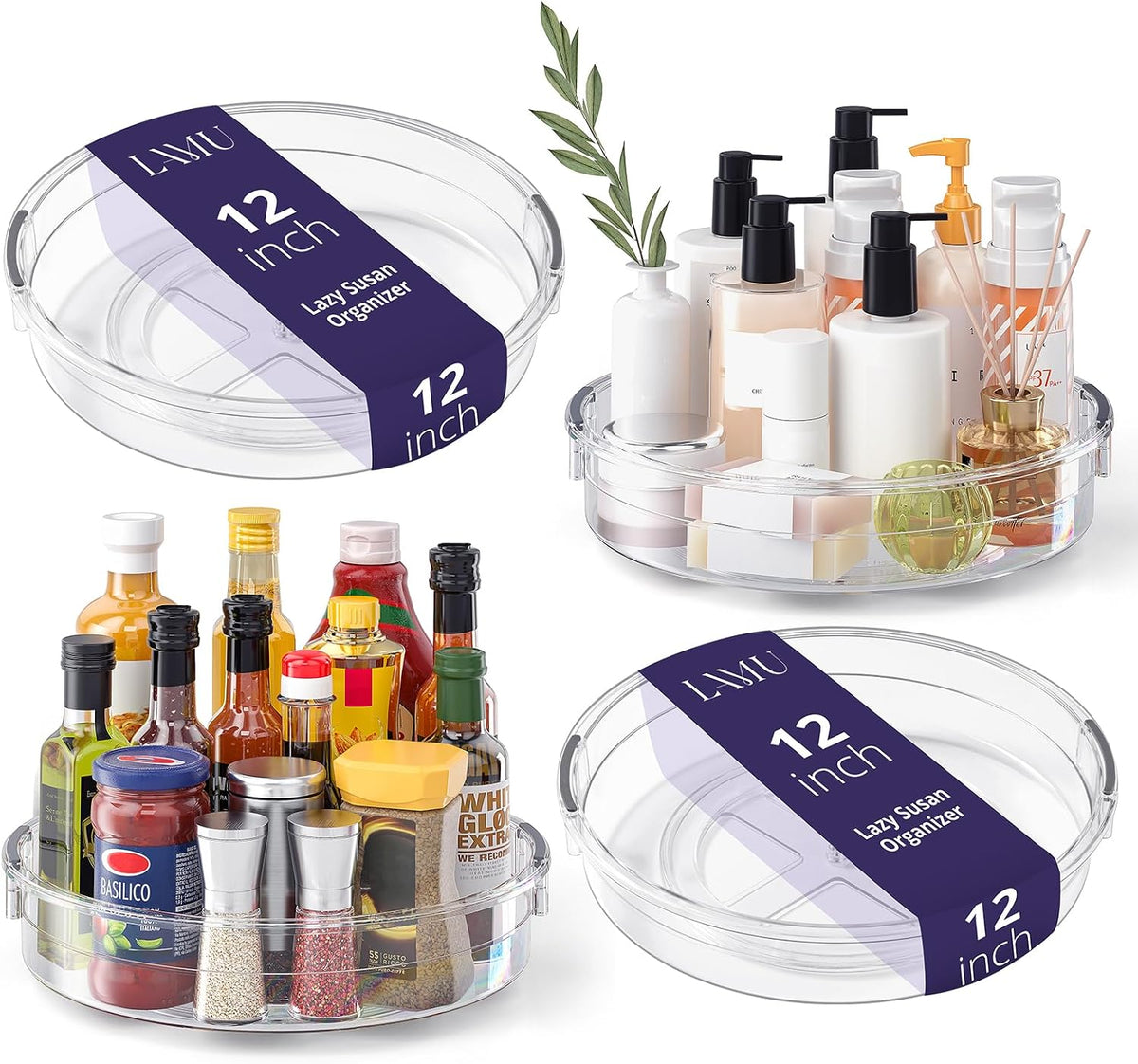 LAMU 4 Pack Lazy Susan Turntable Organizer for Cabinet Pantry Fridge Clear