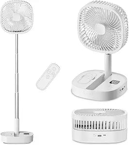 Portable Oscillating Pedestal Fan with Romote, 4 Speed 120 Telescopic Rotation Foldable Standing Collapsible Fans, 7200Mah Rechargeable, Quiet Timer DeskFan for Travel Outdoor Camping, White