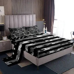 Feelyou American Flag Bedding Set for Girls Boys Children Army Camouflage Fitted Sheet Decor Military Camo USA Flag Bed Sheet Set Grey Black and White Bed Cover Queen Size 4Pcs Bedding Sheet
