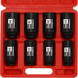 CASOMAN 1/2-Inch Drive Deep Spindle Axle Nut Impact Socket Set,12-Point, Metric, CR-MO, 29, 30, 32, 34, 35, 36, 38, 39mm, 8-Piece 1/2" Heavy Duty Impact Socket Set