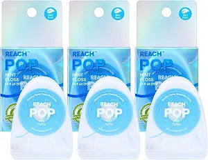 REACH POP Dental Floss, Mint, Plaque Remover for Teeth, Shred Resistant, Vegan Wax, Cruelty Free, Eco Friendly Packaging, Oral Care, PFAS Free, for Adults & Kids, 3 Pack, 54.6 yd