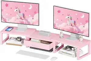 Desk Organizers and Accessories, Dual Monitor Stand Riser with Drawer, Computer Monitor Stand, Adjustable Desk Shelf for PC Laptop Printer TV, Pink