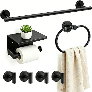 7-Piece Bathroom Hardware Accessories Set, SUS304 Towel Bar, Black