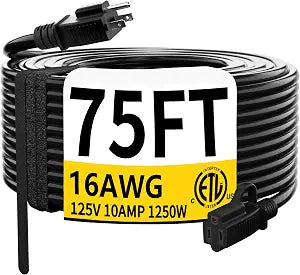 HUANCHAIN Black Extension Cord 75 FT, Outdoor Electric Cable, 16AWG