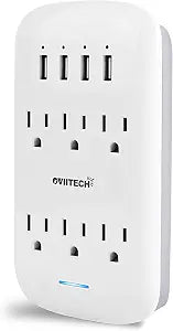 oviitech 6 Outlet Extender with 4 USB Charging Ports(4.2A Total),Wall Mount Outlet Plugs 900 Joules Wall Surge Protector and Top Phone Holder,ETL Listed,White.