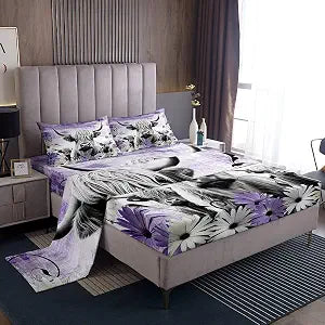 Erosebridal Highland Cow Print Bed Sheets Full,Purple Western Farmhouse Sheet Set Rustic Bedroom Decor,Longhorn Cattle Farm Animals Fitted Sheet Daisy Floral Bedding Set Cowboys Gifts for Girls Boys