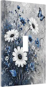 Decorative Light Switch Cover Plate Vintage Blue White Daisy Floral Blue Butterfly 1 Gang Single Toggle Wall Plates for Electrical Outlet Covers Switch Plate Covers Faceplate for Home Decor