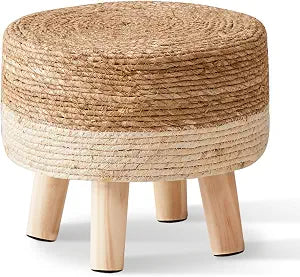 Cpintltr Foot Stool Natural Seagrass Hand Weave Poufs Round Ottoman for Couch Desk Soft Step Stool Padded Foot Rest with Non-Skid Pine Legs for Hallway Office Lounge Natural/White