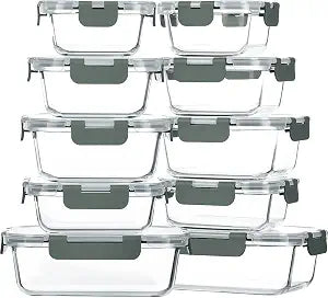 M MCIRCO 10 Pack Glass Food Storage Container with Lids,Gray
