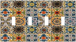 Decorative Light Switch Cover Plate Bohemian Moroccan Talavera Tile Print 4 Gang Wall Plates Quad Toggle Electrical Switch Plate Covers Outlet Covers Faceplate for Bathroom Kitchen Decor