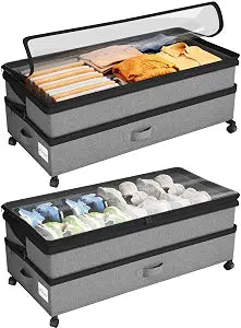Kitstorack Under Bed Storage with Wheels 2Pack Height-adjustable Under Bed Storage Containers,Under Bed Shoe Storage Organizer with Clear Window&Label, Suitable for Clothes Storage, Gray