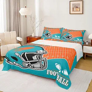 Erosebridal Football City Bed Sheets Queen Rugby Fans Bedding Set Gifts for Kids Boys Teen Room Decor,Sports Gaming Sheet Set Orange Teal Fitted Bed Sheets for Adults Men,4 Pcs (Miami)