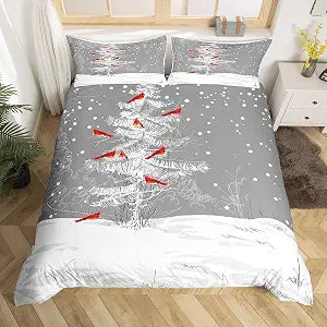 Feelyou Winter Holiday Christmas Duvet Cover Snowflakes Cardinals Bird Bedding Set For Kids Boys Girls Snowy Christmas Tree Comforter Cover Soft Decor Unique New Year Bed Set Queen Size (No Comforter)