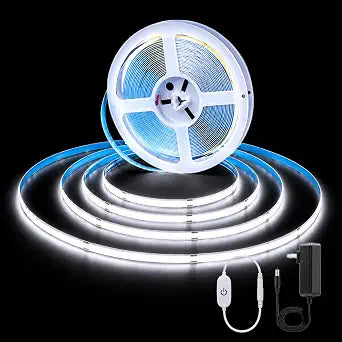 COB LED Strip Lights 16.4ft, 12V 48W Super Bright Touch Dimmable LED Tape, 6000K Daylight White, 1,600 LEDs, CRI 90+, Flexible Dotless Under Cabinet Lighting Kit for Bedroom, Kitchen,