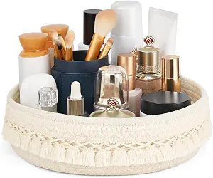 Mkono Makeup Perfume Organizer, Boho Decor Macrame Storage Basket, Ivory