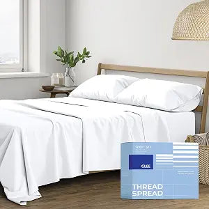 THREAD SPREAD Egyptian Cotton Sheets Queen Size - Luxury Queen Sheets 400 Thread Count (4 PC, White), Soft, Breathable, Cooling, Sateen Weave 16" Deep Pocket Long Staple Cotton Bed Sheet Set