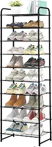 Ekisemio-10 Tiers Tall Shoe Rack Organizer for 20 Pairs Shoes, Expandable & Adjustable Shoe Storage Shelf, Wire Grid, Black
