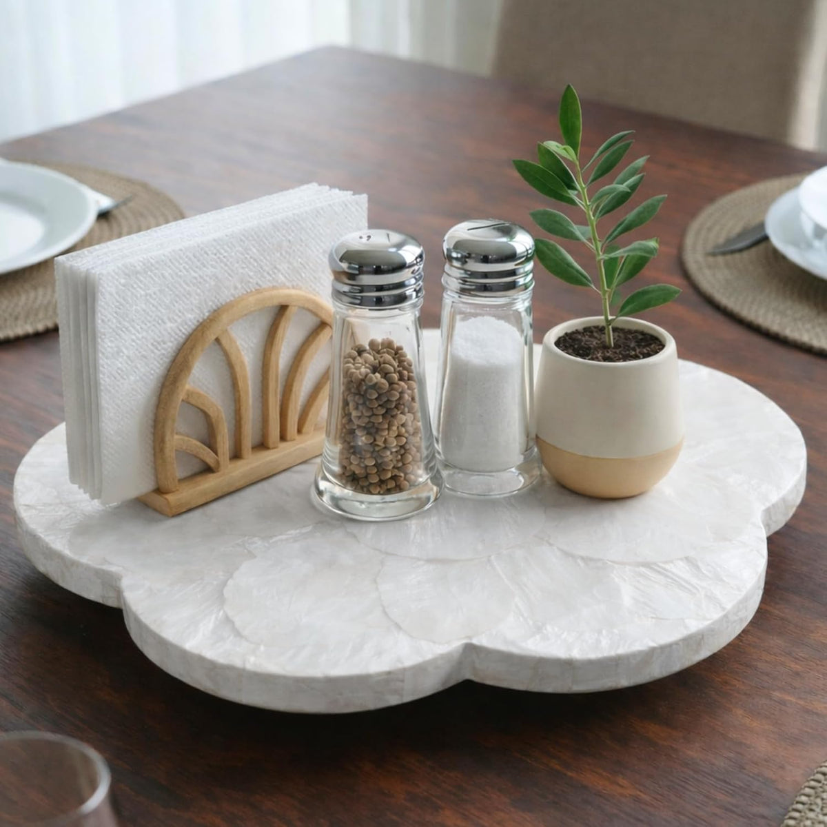 CHI AN HOME 12.6'' Flower Shaped Capiz Shell White Lazy Susan for Table Top