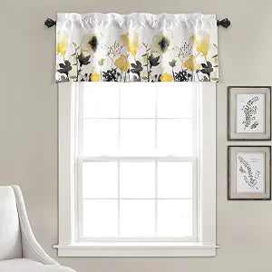 Lush Decor Zuri Flora Room Darkening Valance Curtain Single 52" W x 18" L + 2" Header Yellow & Gray - Valances for Windows - Floral Kitchen Curtains