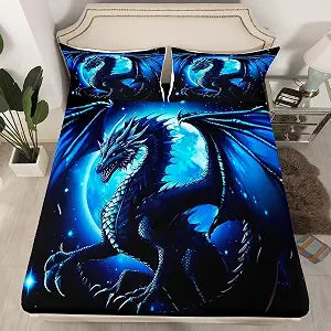 Dragon Fitted Sheet Twin Size,Starry Sky Moon Night Bedding Set 2Pcs for Kids Boys Teens Men Room Decor,3D Animals Bed Sheet Western Dragon Black Blue Deep Pocket Sheet,1 Pillowcase