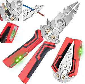 16-in-1 Wire Stripper and Crimping Tool, Foldable Wire Cutter with Rechargeable 12-250V AC/DC Voltage Tester for Hot/Neutral Checks, Home Wiring and DIY Repair (Red)